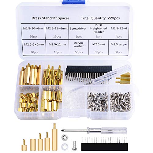 Avstandsstykker og distanser | 220 stk Standoffs M2.5 Messing Spacer Hex Kolonne Skrue Mutter Assortiment Kit med Boks, Han-Hun for Raspberry Pi, med Akryl Skive Skrutrekker Avstandsstykker og distanser Avstandsstykker og distanser