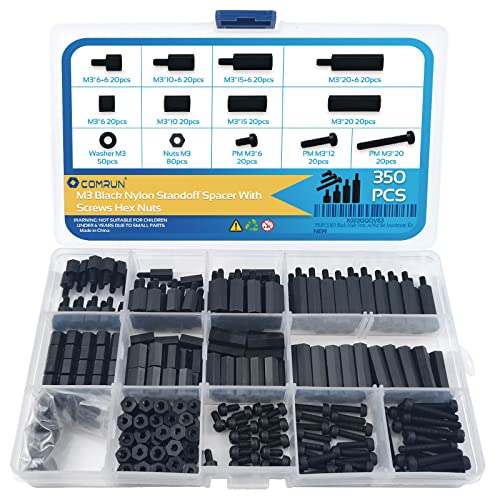 Avstandsstykker og distanser | 350 stk M3 svart hann-hunn nylon hex spacer standoff skrue mutter sett assortert kit (svart) for PCB hovedkort kretskort Avstandsstykker og distanser Avstandsstykker og distanser