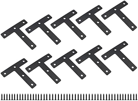 Bøyler | 10 stk Flat T-formet reparasjonsplate, kraftig hjørnebrakett for møbelstøtte, svart sammenføyningsbrakett med festeskruer (80X80X15mm/3.1X3.1X0.6”) Bøyler Bøyler