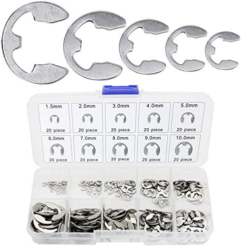 Beholdningsringer | 200 stk E-Clip Ekstern Beholdningsring Utvalg Kit 10 Størrelser E-Clip Circlip Ring 304 Rustfritt Stål Åpnings Snap Ring Circlip Sett med Boks (1,5/2/3/4/5/6/7/8/9/10 mm) Beholdningsringer Beholdningsringer