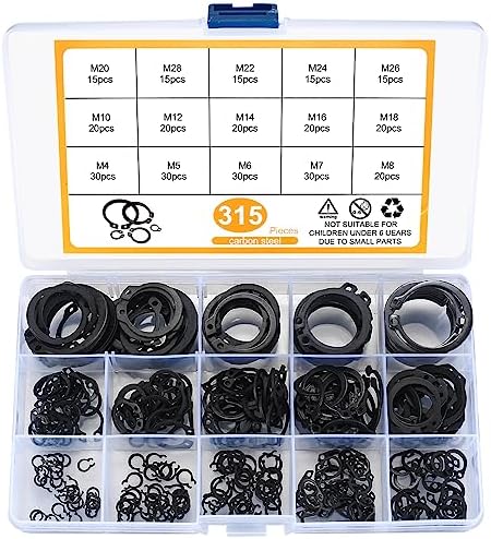 Beholdningsringer | 315 stk snapringer, eksterne festeringer sett, C-klips circlip snap festeringer assortert sett, sikre deler på stifter/rillestenger/pinner, 15 størrelser (legering stål, svart) Beholdningsringer Beholdningsringer