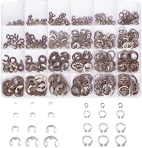 Beholdningsringer | 327 stk E-Clips Sirkler Ringer Beholdningssett (1,2 mm – 1 mm) og C-Clips Eksterne Beholdningsringer Snap Ringer Assortiment Kit Sirkler 34 Rustfritt Stål (M3-M14), 24 Størrelser Beholdningsringer Beholdningsringer