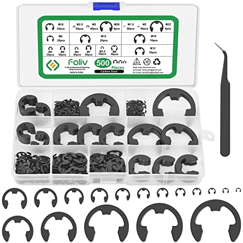 Beholdningsringer | 500 stk E-Clip Circlip Eksterne Beholdningsklips Assortimentsett, 17 Størrelser Varmebehandlet Høykarbonstål Circlip Sett, Antiskli Skiver, Inkluderer Størrelser Fra M1.5-M22 Beholdningsringer Beholdningsringer