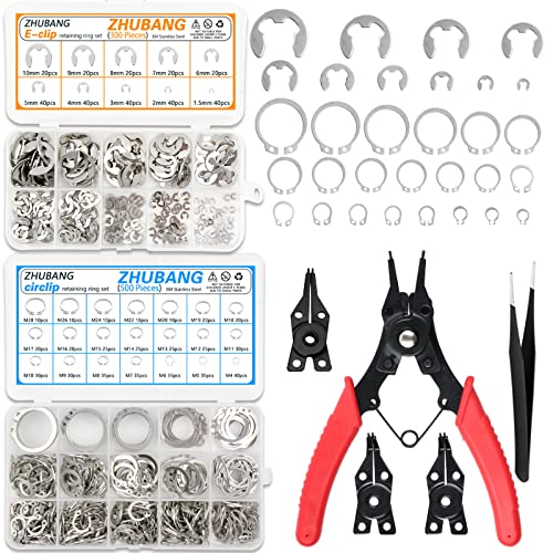 Beholdningsringer | 8 stk C-klips eksterne holderinger snapringer assortert sett circlip 34 rustfritt stål (M4-M28) + E-klips holderinger assortert sett (1,5 mm – 1 mm) + 5 stk snapring tang + pinsett Beholdningsringer Beholdningsringer