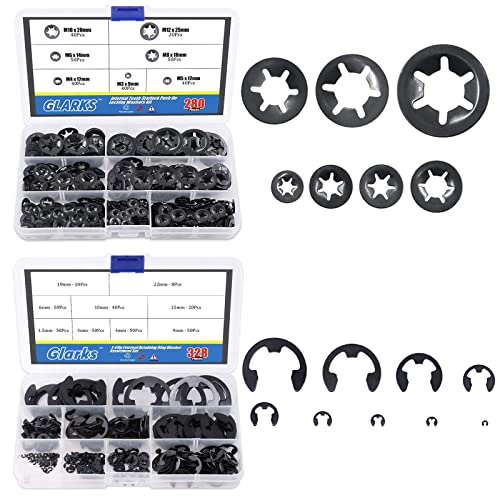Beholdningsringer | Glarks 28 stk interne tannhastighetsklips festemidler assortert sett + 328 stk 9 størrelser svart legeringsstål E-klips eksterne festering vasker assortert sett Beholdningsringer Beholdningsringer