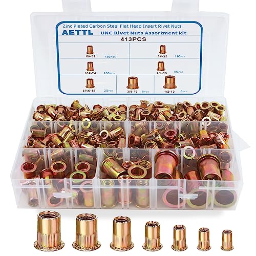 Gjengede innsatser | Rivet Mutter Kit, Aettl 413Pcs SAE UNC Rivet Mutter Utvalg, Sinkbelagt Finish, Karbonstål Flat Hode Rivet Mutter Kit Med Kasse 6#-32, 8#-32, 1#-24, 1/4-2, 5/16-18, 3/8-16, 1/2-13 Gjengede innsatser Gjengede innsatser