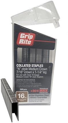 Heftemidler | Grip Rite Prime Guard Max B64890 16-gauge 7/16″ medium krone med 1-1/4″ 304 rustfritt stål stifter i belteklipsboks (pakke med 500) Heftemidler Heftemidler