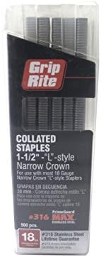 Heftemidler | Grip Rite Prime Guard Maxb64912 1-1/2 tommers 316 rustfritt stål 18 gauge “L”-stil smal krone stift, 500 per belteklips Heftemidler Heftemidler