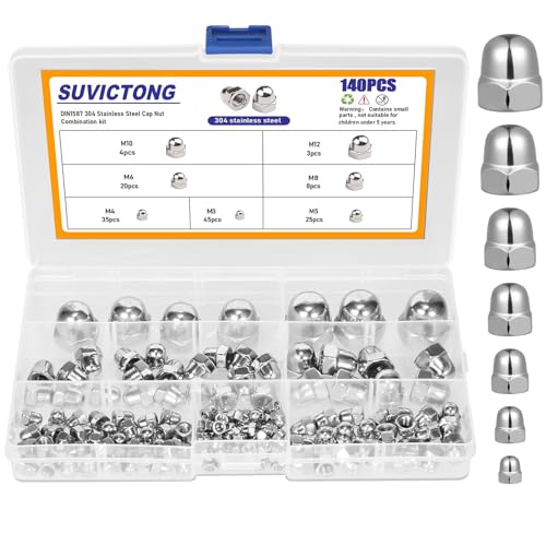 Nøtter | 140 stk 304 rustfritt stål akornmuttere assortert sett, inkludert M3 M4 M5 M6 M8 M10 M12 7 størrelser, metrisk sekskant akron kuppelhode muttersett, kuppelhode sekskantmuttere støv- og vanntette for innendørs og utendørs bruk. Nøtter Nøtter