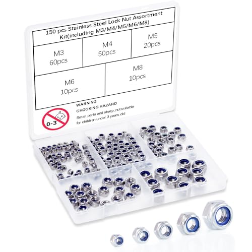 Nøtter | 150 stk metriske låsemuttere assortert kit, M3 M4 M5 M6 M8 rustfrie assorterte nylon låsemuttere sett for skruer og bolter Nøtter Nøtter