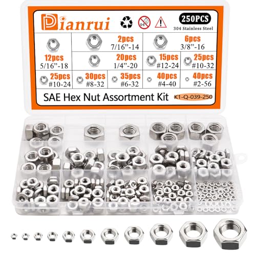 Nøtter | 250 stk 304 Rustfritt Stål SAE Sekskantmuttere Assortiment Kit, #2-56 #4-40 #6-32 #8-32 #10-24 #10-32 #12-24 1/4-20 5/16-18 3/8-16 7/16-14 Sekskantmuttersett K1-Q-039-250 Nøtter Nøtter