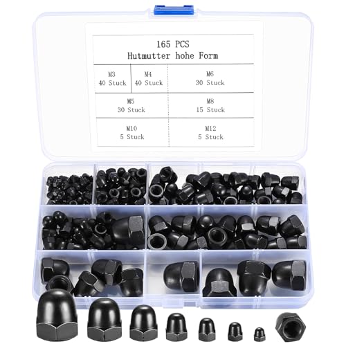 Nøtter | Hex Acorn Bolt Deksel, 165Pcs Acorn Kappe Muttere, Svart Kuppel Mutter Kappene, Legert Stål Kuppel Acorn Bolt Kopp Mutter Beskyttelsesdeksler For Beskyttelse av Gjenger Stenger Bolter, M3 M4 M5 M6 M8 M1 M12 (Svart) Nøtter Nøtter