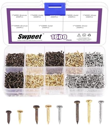 Negler | Swpeet 16 stk 3 farger 6 mm 8 mm 1 mm små hardware små spiker tre skruer assortert sett, små tre spiker mini spiker gull sølv bronse vanlige spiker i eske for DIY dekorasjon Negler Negler