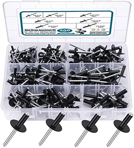 Riveter | 200 stk svarte popnitter assortert kit, store flens aluminium nitter (1/8″, 3/16″, 1/4″) assorterte blinde nitter med boks Riveter Riveter