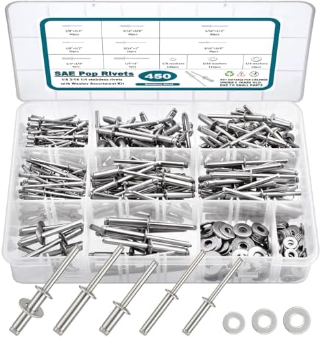 Riveter | 450 stk 304 rustfritt stål popnitter med skiver assortert sett, 1/8″ 3/16″ 1/4″ assorterte blinde nitter i 8 SAE størrelser, DIY/Hjem/Bilreparasjoner Riveter Riveter