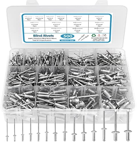 Riveter | 500 stk Pop-nit assortert sett, 14 SAE størrelser aluminium-nitter (3/32″, 1/8″, 5/32″, 3/16″, 1/4″), assorterte blindnitter med forsterket skillevegg og merket boks Riveter Riveter