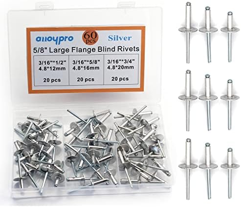 Riveter | 6 stk store flensblindnitter, aluminium, flensdiameter 16 mm (5/8″), popnitter assortert sett blindnitter (3/16″ x 1/2″/5/8″/3/4″) Riveter Riveter