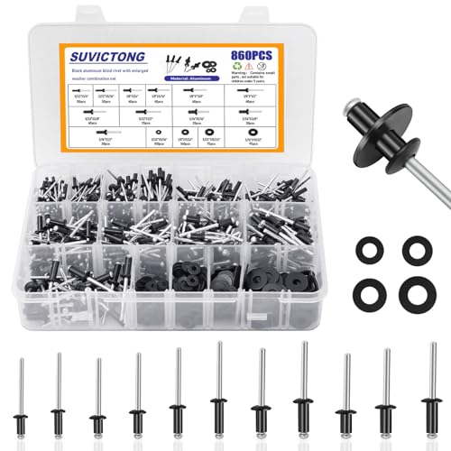 Riveter | 860 stk svarte popnitter assortert sett med skiver 3/32″ 1/8″ 5/32″ 3/16″ inkludert 11 størrelser, blinde nitter assortert, SAE aluminiumsnitter sett for møbler/metal/automotive. Riveter Riveter