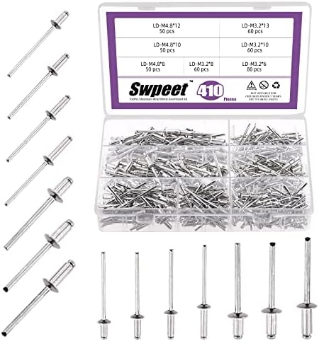 Riveter | Swpeet 41 deler 1/4″ 5/16″ 3/8″ 1/2″ små flens aluminium blindnitter sett, sølv popnitter åpen ende type popnitt for innendørs og utendørs bruk Riveter Riveter