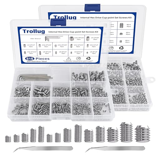 Skruer | 135 deler metrisk + SAE sett med skruer, innvendig sekskantdrift hodetløse skruer assortert kit med 1 sekskantnøkkel, M3 til M8 og 1/8-4 til 5/16-18 (34 rustfritt stål) Skruer Skruer