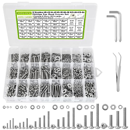 Skruer og bolter assorterte sett | 1059 deler muttere og bolter assortert sett Phillips pan hode #2-56 #4-40 #6-32 #8-32 #10-24 #12-24 maskinskruer, 26 størrelser 304 rustfritt stål skruer mutter og bolt assortert med skrueorganisator Skruer og bolter assorterte sett Skruer og bolter assorterte sett