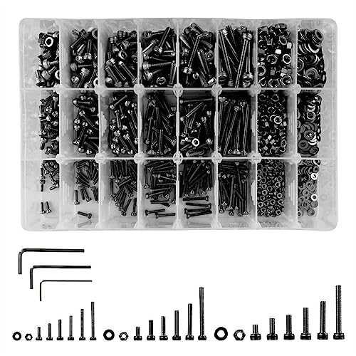 Skruer og bolter assorterte sett | 1200 stk svart metrisk skruesett, M2 M3 M4 12.9 legeringsstål assorterte bolter og muttere, skruer, muttere og skiver, sekskantet sokkelskruer for hjemmeprosjekter. Skruer og bolter assorterte sett Skruer og bolter assorterte sett