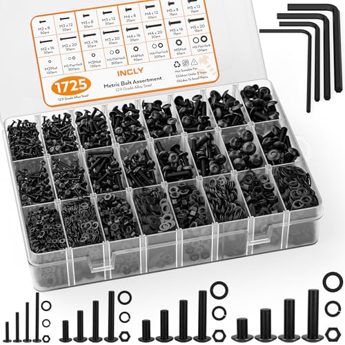 Skruer og bolter assorterte sett | 1725 deler metrisk skrueassortiment, M2 M3 M4 M5 metrisk bolter og muttere assortert med låse- og flate skiver, klasse 12.9 legeringsstål sekskantet sokkelskruer, muttere og bolter assorteringssett Skruer og bolter assorterte sett Skruer og bolter assorterte sett