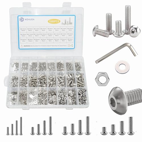 Skruer og bolter assorterte sett | 18 stk M2 M3 M4 M5 Skruer Assortiment, Metrisk Sekskantet Socket Knappehodet Bolter, Rustfrie Skruer, Muttere og Skiver med 4 Sekskantede Insexnøkler, Full Gjenge Skruer og bolter assorterte sett Skruer og bolter assorterte sett