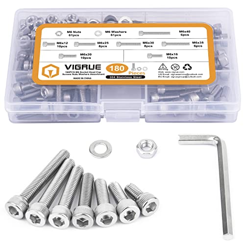 Skruer og bolter assorterte sett | 180Pcs M6 Rustfritt Stål Bolt Sett, M6X12/16/20/25/30/35/40Mm Sekskantet Hode Skruer Muttere Skiver Utvalg, Full Unc Gjenger Skruer og bolter assorterte sett Skruer og bolter assorterte sett