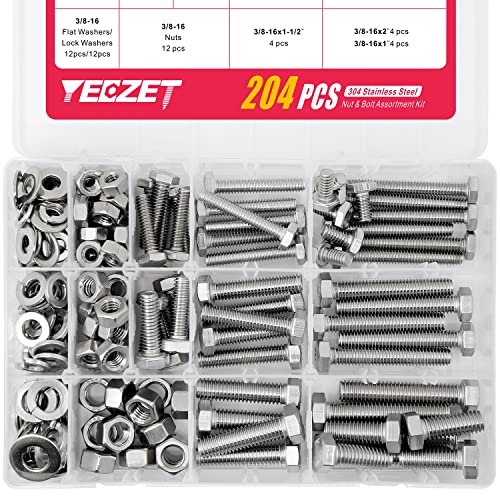 Skruer og bolter assorterte sett | 204 deler 1/4″ 5/16″ 3/8″ Kraftige Sechskantbolter og Muttere Utvalgskit i 304 Rustfritt Stål Skruer og bolter assorterte sett Skruer og bolter assorterte sett