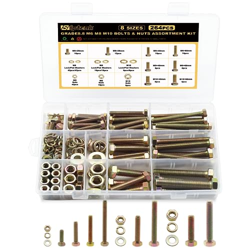 Skruer og bolter assorterte sett | 264 stk M6 M8 M10 Tungt Bolter og Muttere Assortiment Kit, Grad 8.8 Meter Assorterte Sekskantede Bolter Muttere Flate Skiver Assortiment Sett Skruer og bolter assorterte sett Skruer og bolter assorterte sett