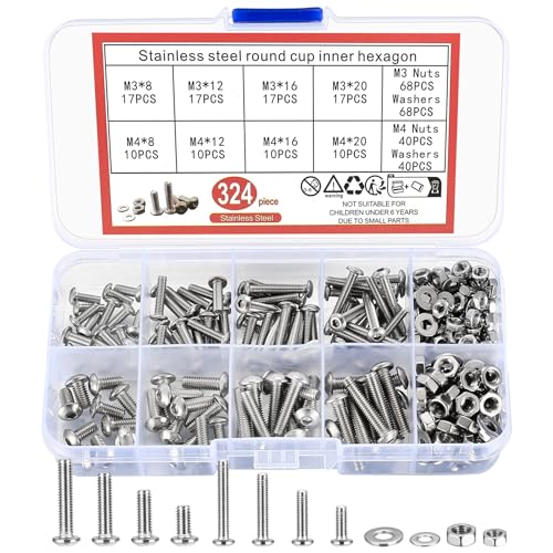 Skruer og bolter assorterte sett | 324 stk metrisk skruer assortert sett, metriske skruer, bolter, muttere og skiver, M3 M4 sekskant knapp sokkel hode skruer, muttere, bolter og flate skiver, sekskant sokkel hode maskinskruer. Skruer og bolter assorterte sett Skruer og bolter assorterte sett