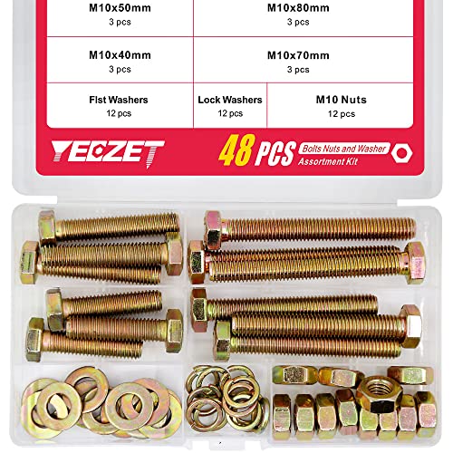 Skruer og bolter assorterte sett | 48 stk. Grad 8.8 M10 sekskantsskruer, bolter og muttere med flate og låseunderlag – assortert sett 40 mm, 50 mm, 70 mm, 80 mm Skruer og bolter assorterte sett Skruer og bolter assorterte sett