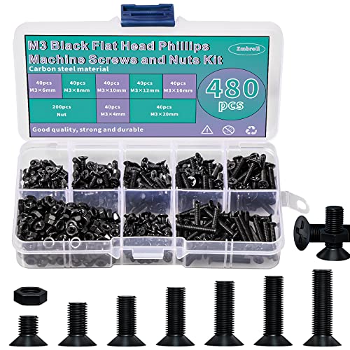 Skruer og bolter assorterte sett | 48 stk M3 Flatt Hode Maskinskruer Svart Phillips Skruer Bolter Mutre Assortiment Kit M3 X 4Mm/6Mm/8Mm/10Mm/12Mm/16Mm/20Mm Skruer og bolter assorterte sett Skruer og bolter assorterte sett