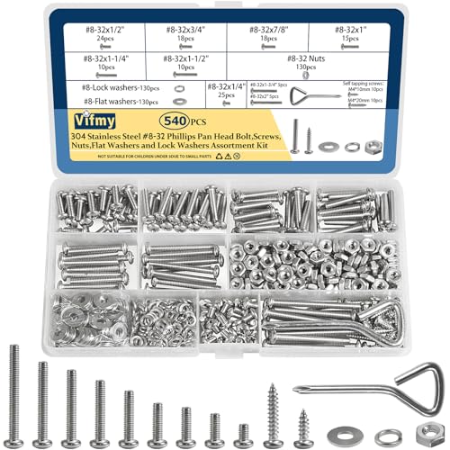 Skruer og bolter assorterte sett | 540 deler #8-32 Phillips pan hode maskinskruer boltkombinasjonssett med muttere, flate skiver, låseskiver og skrutrekker, SAE 304 rustfritt stål assorterte maskinvare skiver og bolter sett Skruer og bolter assorterte sett Skruer og bolter assorterte sett