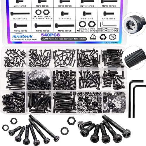 Skruer og bolter assorterte sett | 540 stk M2 M3 metriske skruer assortert sett egnet for 3D-printer DIY, sekskantet sokkelhode skruer bolter muttere sett, 12.9 grad legeringsstål svart sinkbelagte assorterte skruer med sekskantnøkkel Skruer og bolter assorterte sett