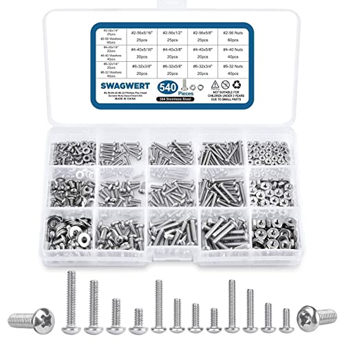 Skruer og bolter assorterte sett | 540Pcs #2-56#4-40#6-32 Maskinskruer Sett, Mutter Flate Skiver Pannehodeskruer Bolt, Små 304 Rustfrie Stålmutre Og Bolter For Utendørs Prosjekter Skruer og bolter assorterte sett Skruer og bolter assorterte sett