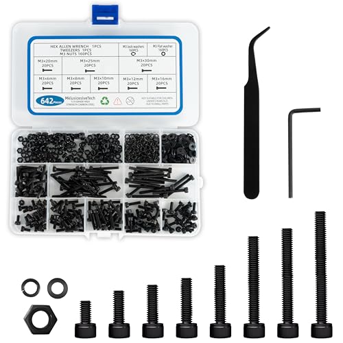 Skruer og bolter assorterte sett | 642 deler M3 skruerett M3 skruerett 12.9 grad høy styrke karbonstål M3 skruer assortert M3 bolter og muttere assortert metrisk maskinskruer assortert svart 6 mm 8 mm 1 mm 12 mm 16 mm 2 mm 25 mm 3 mm Skruer og bolter assorterte sett Skruer og bolter assorterte sett