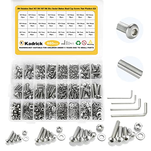 Skruer og bolter assorterte sett | 880 stk metrisk skruer assortert M6 M5 M4 M3, 6mm-30mm rustfritt stål sekskantet sokkel bolt med hode, muttere, skiver kit med 4 sekskantnøkler Skruer og bolter assorterte sett Skruer og bolter assorterte sett