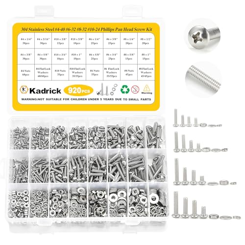 Skruer og bolter assorterte sett | 920 deler maskinskruer assortert, #4-40 #6-32 #8-32 #10-24 assorterte Phillips pan hode SAE skruer, muttere og skiver sett, 304 rustfritt stål bolter og muttere kit Skruer og bolter assorterte sett Skruer og bolter assorterte sett