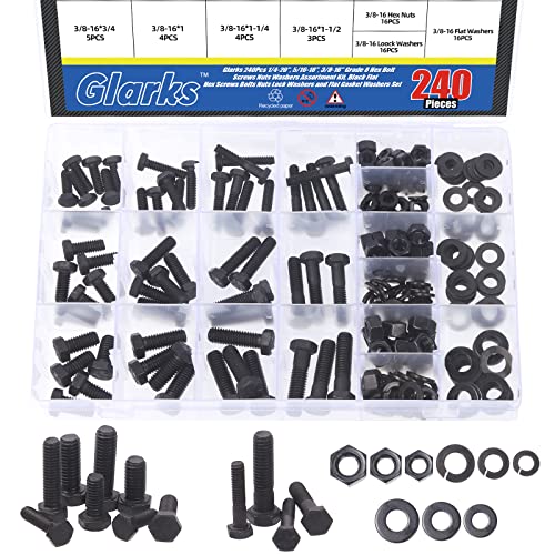 Skruer og bolter assorterte sett | Glarks 24 stk 1/4″-2, 5/16″-18, 3/8″-16 Grade 8 Sekskantbolter Skruer Muttere Skiver Assortimentsett, Svart Flatt Sekskant Skruer Bolter Muttere Låseskiver og Flate Pakningsskiver Sett Skruer og bolter assorterte sett Skruer og bolter assorterte sett