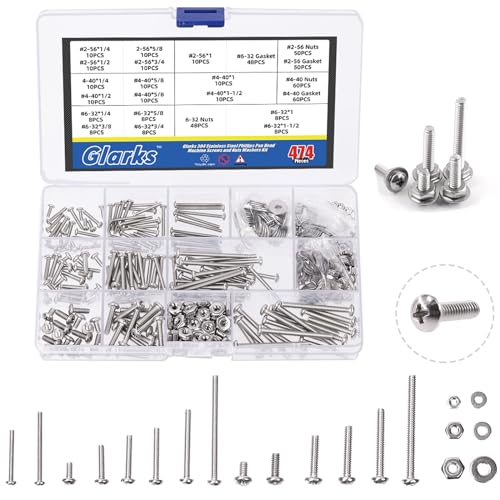 Skruer og bolter assorterte sett | Glarks 474 deler Maskinskruer Assortiment Kit #6-32 #2-56 #4-4 Rustfritt Stål Phillips Pan Hode Assorterte Muttere, Bolter og Flate Skiver Sett, 34 Deler Rustfritt Stål Maskinskruer Assortiment Sett Skruer og bolter assorterte sett Skruer og bolter assorterte sett