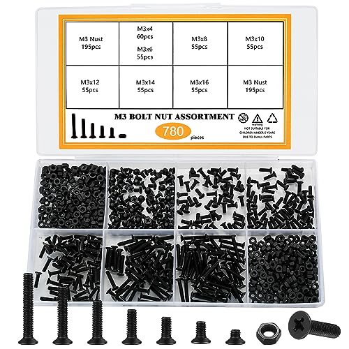 Skruer og bolter assorterte sett | Senkhode Phillips-skruer og sekskantmuttere assortert sett, 78 deler flate hodes maskinskruer, bolter og muttere, M3 x 4mm/6mm/8mm/10mm/12mm/16mm/20mm, svart (A) Skruer og bolter assorterte sett Skruer og bolter assorterte sett