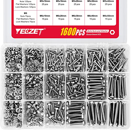 Skruer og Bolter Assortiment Sett | 1600 stk M4 M5 M6 kraftige bolter og muttere med flate og låseunderlag assortert sett, 18-8 rustfritt stål, 15 mest vanlige størrelser Skruer og Bolter Assortiment Sett Skruer og Bolter Assortiment Sett