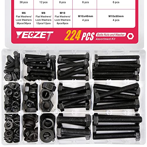 Skruer og Bolter Assortiment Sett | 224 deler M6 M8 M10 tungt belastede bolter og muttere assortert sett inkluderer 8 av de mest vanlige størrelsene i legeringsstål klasse 8.8 Skruer og Bolter Assortiment Sett Skruer og Bolter Assortiment Sett