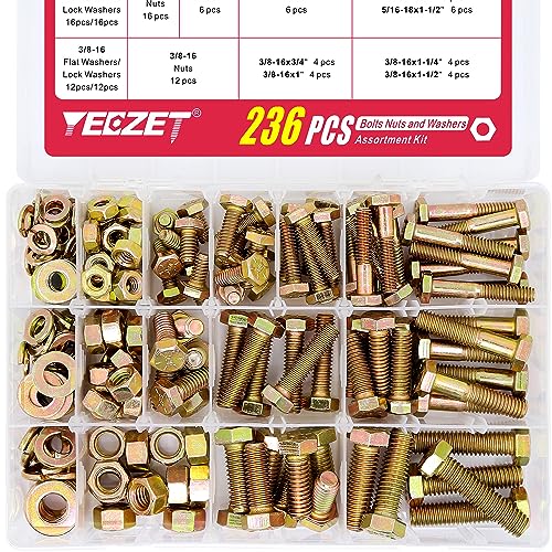 Skruer og Bolter Assortiment Sett | 236 deler klasse 8 tungt bolter og muttere vasker sett, 1/4-20 5/16-18 3/8-16 sekskant bolter muttere assortert sett, inkluderer 13 mest vanlige størrelser Skruer og Bolter Assortiment Sett Skruer og Bolter Assortiment Sett