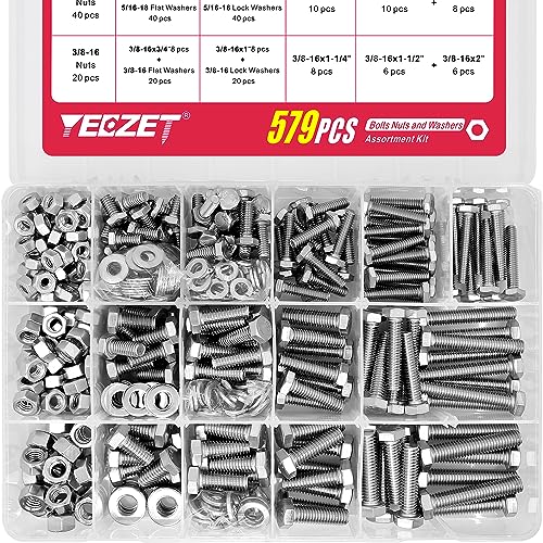 Skruer og Bolter Assortiment Sett | 579 deler Bolter og Muttere Sett 1/4-20 5/16-18 3/8-16 Rustfritt Stål 18-8 Tungt Hex Bolter Muttere Skiver Assortiment Sett, Inkluderer 15 mest vanlige størrelser Skruer og Bolter Assortiment Sett Skruer og Bolter Assortiment Sett