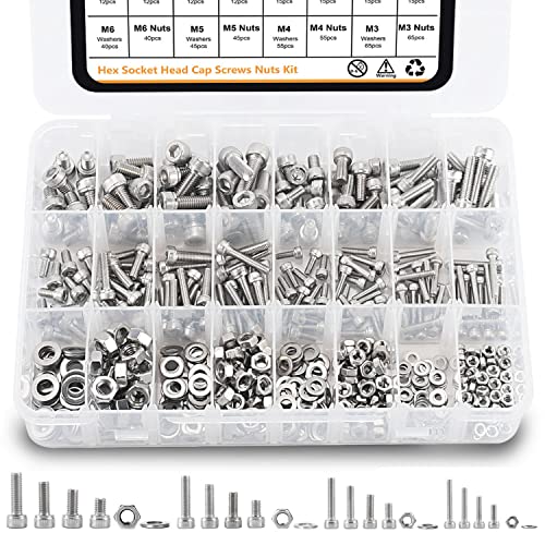 Skruer og Bolter Assortiment Sett | 59 deler Bolter og Muttere Assortiment, Gternity Metrisk M3 M4 M5 M6 Skruer Assortert Sekskantet Hode Skruer Muttere Skiver Sett med Nøkkel, 34 Rustfritt Stål (Innvendig Hode) Skruer og Bolter Assortiment Sett Skruer og Bolter Assortiment Sett