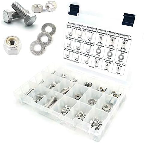 Skruer og Bolter Assortiment Sett | Aluminium Hex Bolt Utvalg Kit med Nylon Innsettingslås Muttere, Hex Muttere og Flate Skiver 1/4″-20 til 3/8″-16 – 191 Deler Skruer og Bolter Assortiment Sett Skruer og Bolter Assortiment Sett