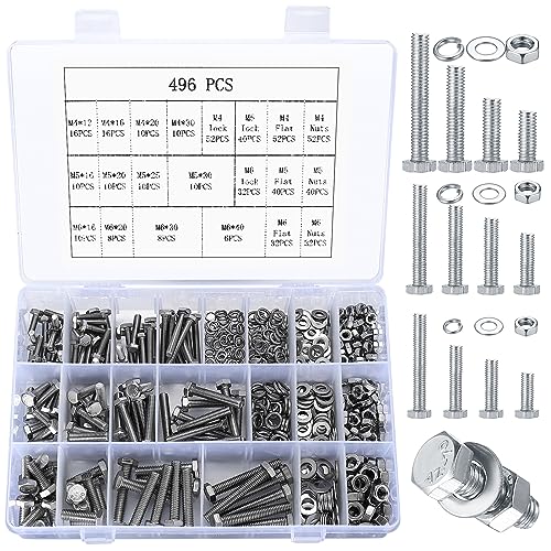 Skruer og Bolter Assortiment Sett | Hex Bolter og Muttere samt Skiver Assortiment Kit, 496 Deler Metrisk Sekskantet Hode Muttere og Bolter Kit, Rustfritt Stål Maskinskruer Bolter Muttere Flate & Fjær Låseskiver Sett – M4 M5 M6 Skruer og Bolter Assortiment Sett Skruer og Bolter Assortiment Sett